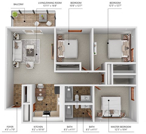 A floor plan of a small apartment with a living room, two bedrooms, a kitchen, a bathroom, and a foyer.